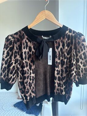Alice + Olivia Brown and Black Leopard Bow-Front Knit Cardigan
